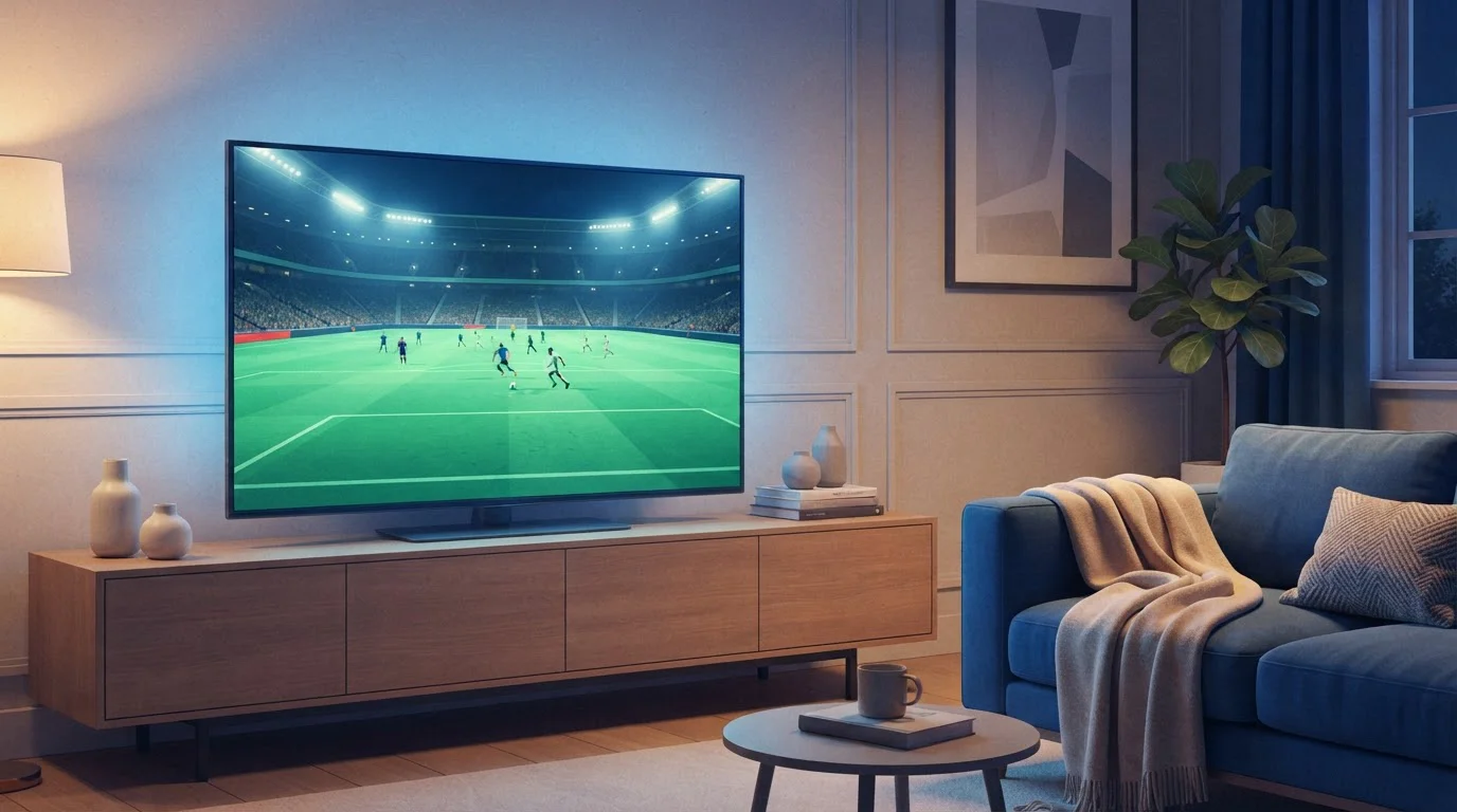 Fernseher mit beleuchtetem Fußballfeld neben einem Sofa