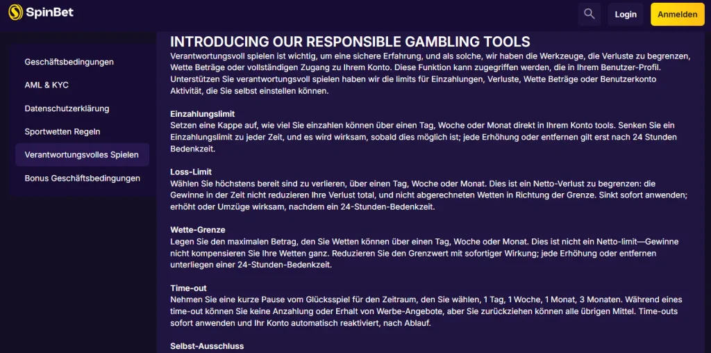 Ausschnitt der Informationen zu Kontopausen und Selbstsperren auf der Internetseite von SpinBet.