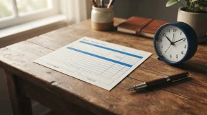 Überweisungsformular auf einem Schreibtisch neben einer Tischuhr und einem Stift