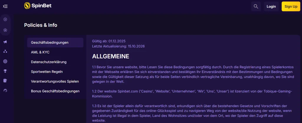 Ausschnitt der SpinBet-Nutzungsbedingungen mit einem Hinweis auf die Tobique Gaming Commission.