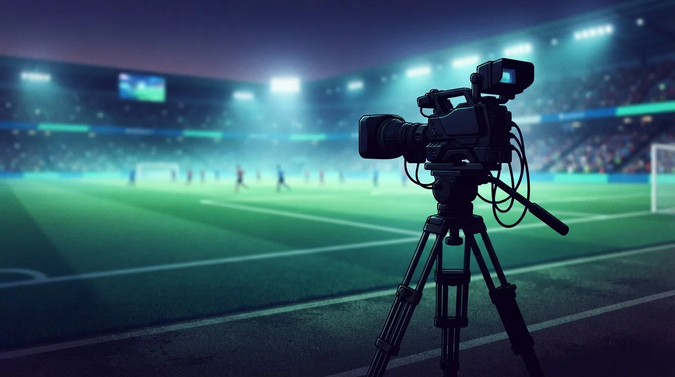Fernsehkamera auf einem Stativ am Rand eines beleuchteten Spielfelds