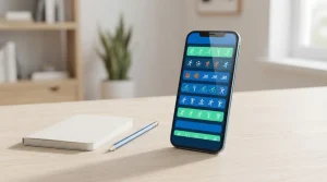 Mobiltelefon auf einem Schreibtisch neben einem Notizbuch und einem Stift