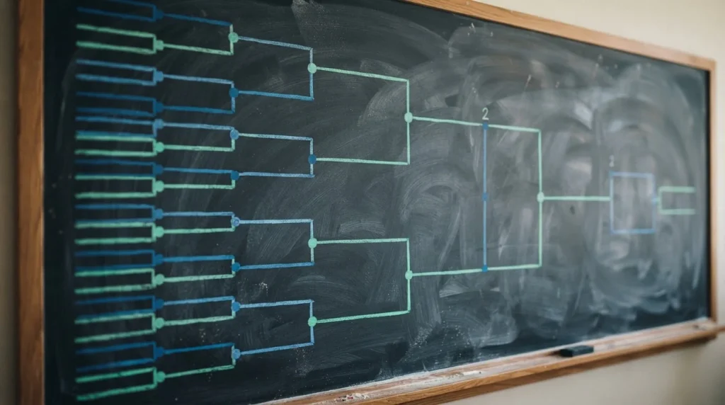 Kreidetafel mit einem Turnierbaum und Linien zwischen Spielpaarungen