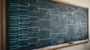Kreidetafel mit einem Turnierbaum und Linien zwischen Spielpaarungen